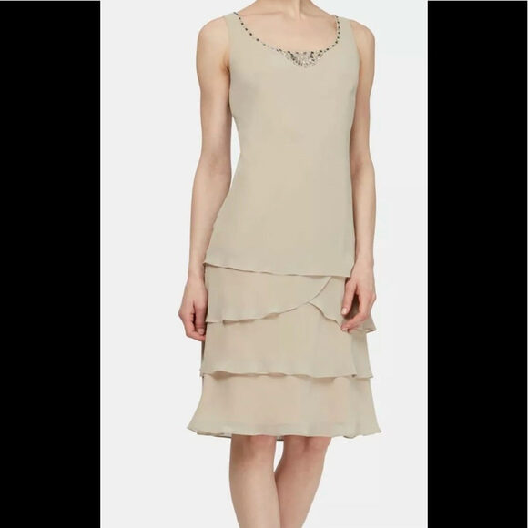 Women’s Formal Dress Sizes 6 14 SLNY Shift 2pc Jacket Dress Set Champagne Tiered - Picture 3 of 5